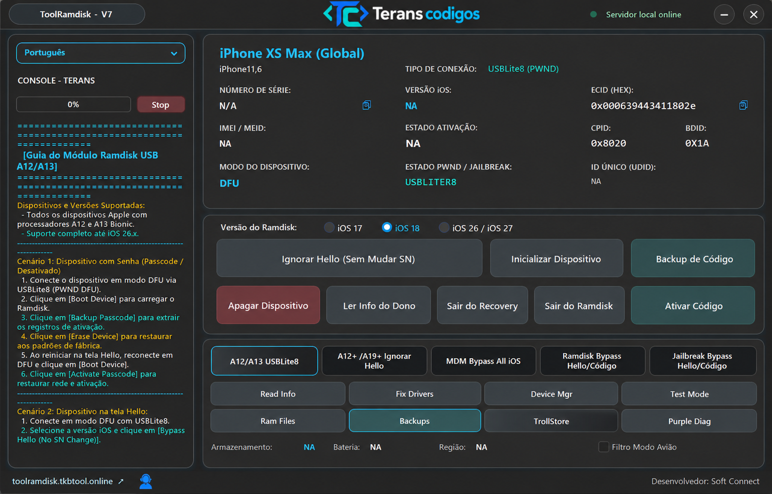 Interface cinza da ferramenta Terans códigos ToolRamdisk